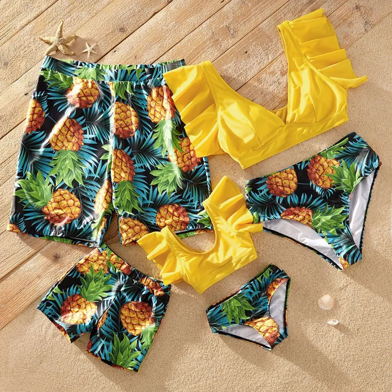 Family Matching Swimsuit Multiple Colors Tropical Fruit Print Splicing V Neck Split Style Swimsuit Summer Swim Trunks Shorts