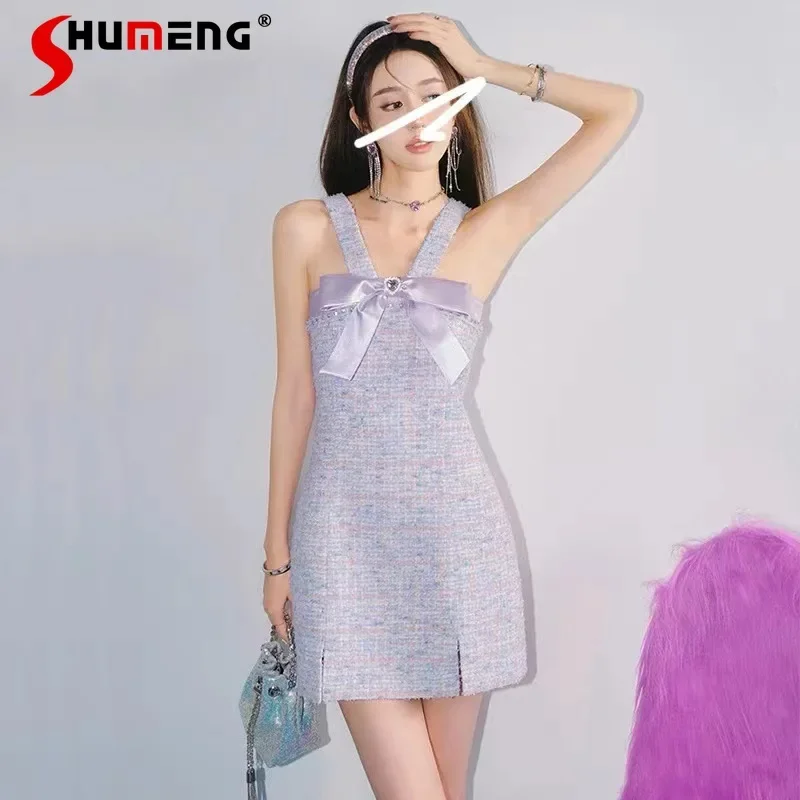 Purple Halter Spaghetti Straps Dress for Women Summer High-Grade Light Luxury Socialite Fried Street Tweed Slimming Short Dress