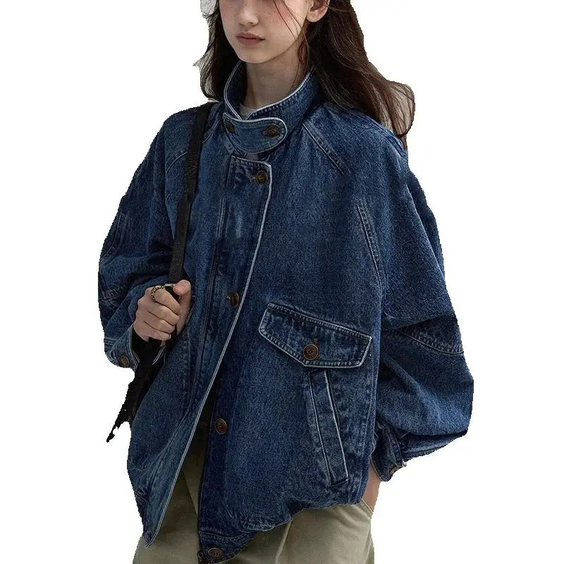 Veste en jean américaine haut de gamme pour femmes, nouvelle Collection d'automne, Design rétro à col montant, veste de travail ample