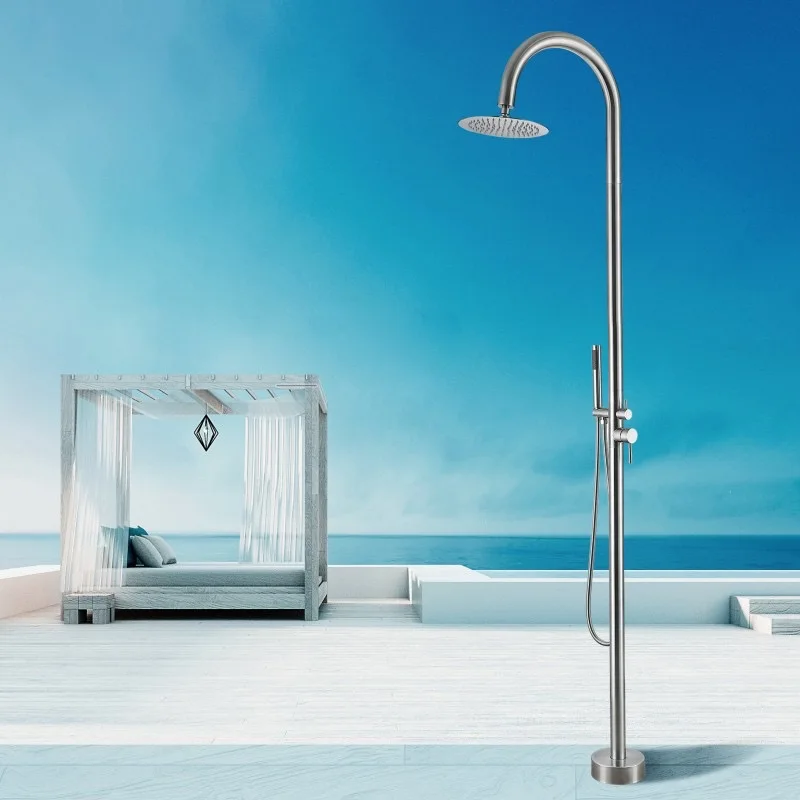 Freestanding Black Stainless Steel Shower Column Dual Handles Outdoor Shower for Pool Beach Garden Single Brass for Hotels