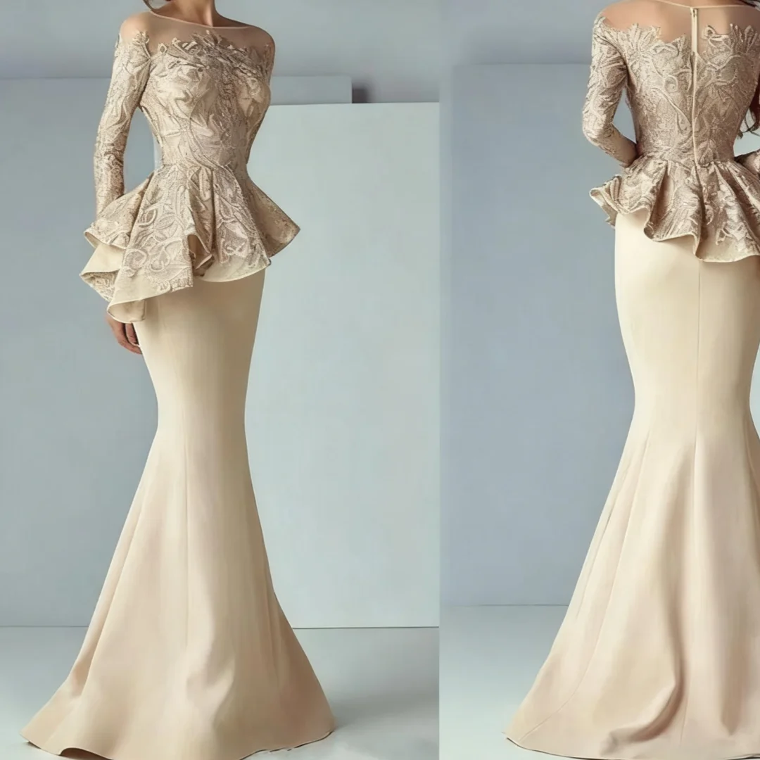 

Long Sheer Neck Long Sleeve Elegant Evening Formal Gowns Dubai Arabic Champagne Lace Stain Mermaid Mother of the Bride Dr