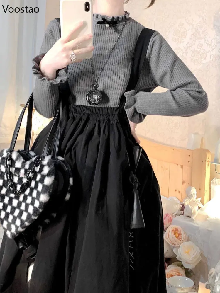 Japanese Kawaii Lolita Knitted Pullover Women Sweet Ruffles Collar Bow Long Sleeve Sweater Girls Harajuku Cute Knitwear Tops