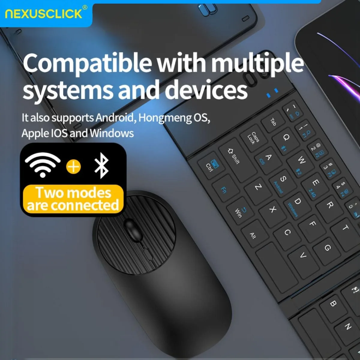NexusClick Foldable Wireless Bluetooth Keyboard Mouse Set Rechargeable Mini Portable Keyboard for Mac Phone Computer iOS Android