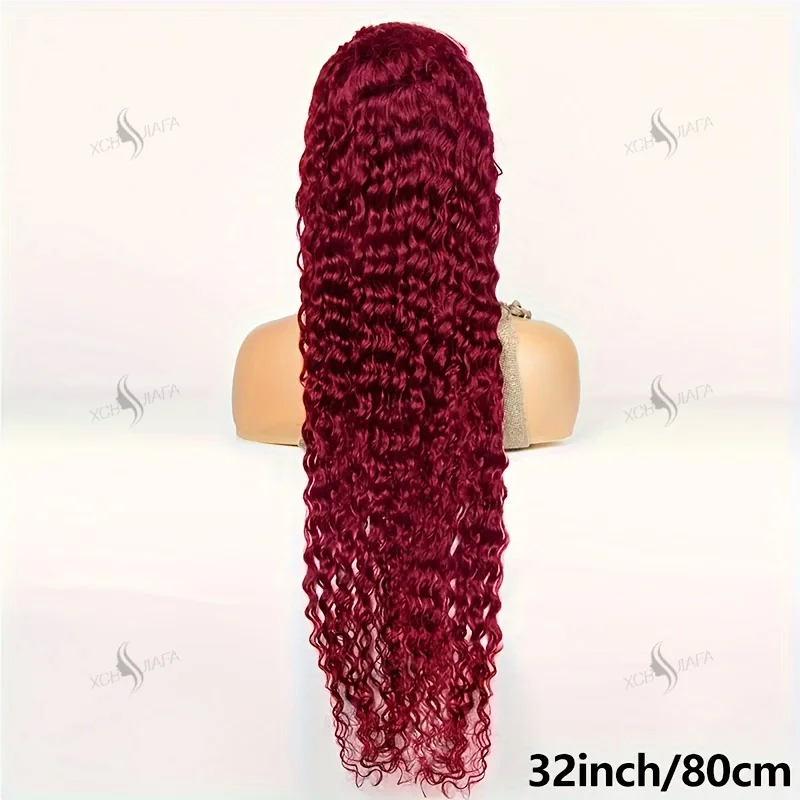 30 36 pouces bordeaux rouge 13x6 HD Transparent dentelle avant perruque cheveux humains bouclés vague profonde aspect naturel pré plumé 99J couleur de cheveux