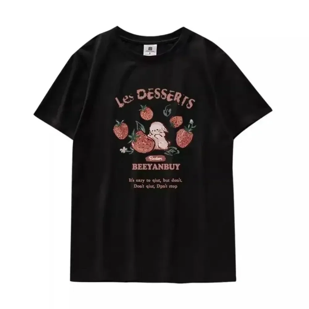 Y2k Summer New Cartoon Strawberry Rabbit T-shirt Harajuku Short-sleeved Loose Plus Size Top, Women All Match Casual T-shirt