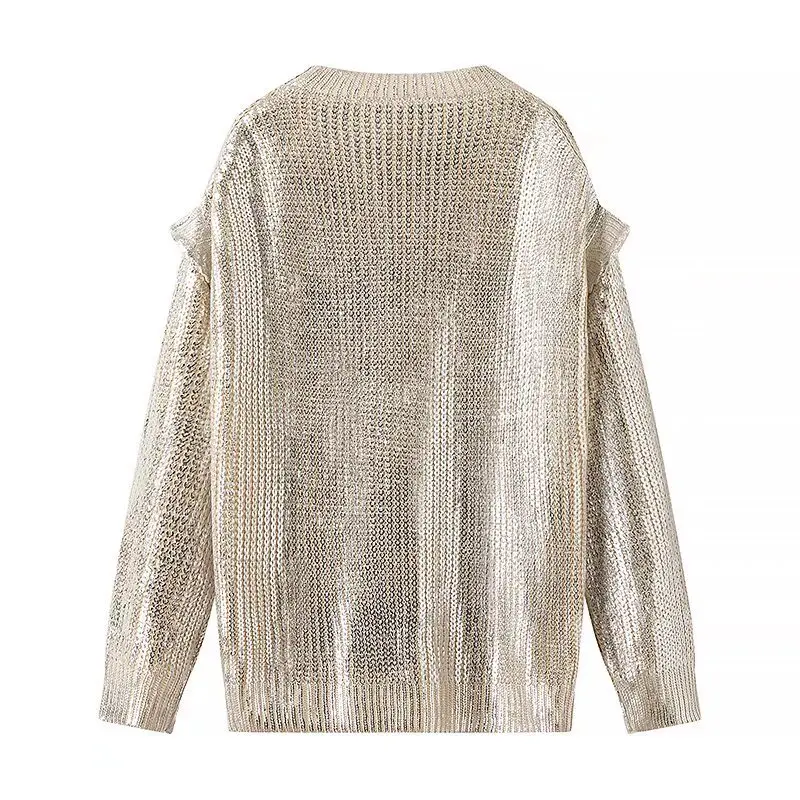 2024 Spring New Women\'s Retro Bronzing Silver Sweater Off Shoulder Long Sleeve Rib Knitted Pullover Knitted Sweater