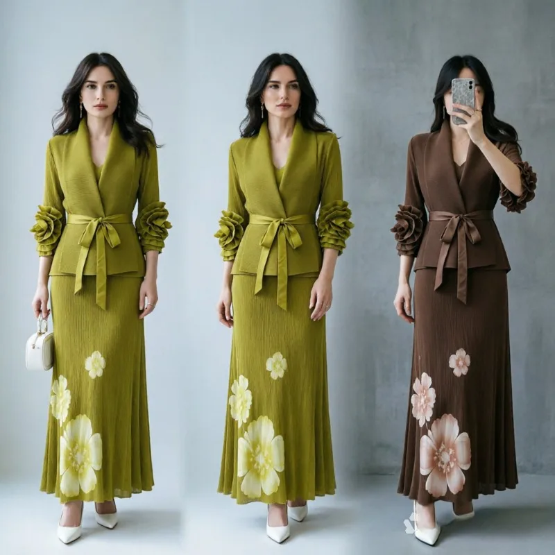 Miyake Pleated Skirt Set 2026 Autumn New Peach Blossom Print Solid Color Pleat 2-Piece Set Jacket Skirt Waist-Cinching Set Women