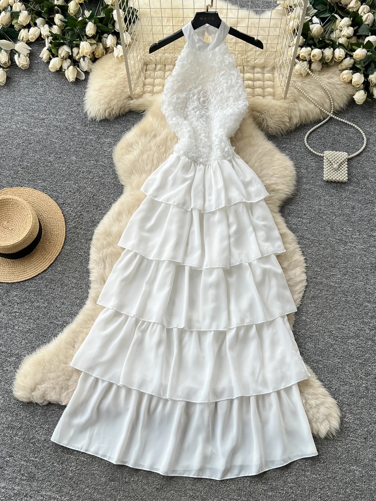 

Sexy Backless Neck Hanging Dress Women's White Cake Skirt Slimming High-End Vacation Style Long Dress Korean High Waist A-Line