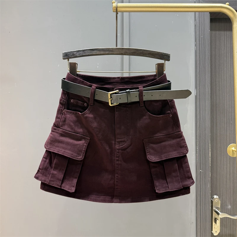 Trendy large pocket cargo denim skirt women autumn new versatile age reducing slimming spicy girl hip hugging short skirt