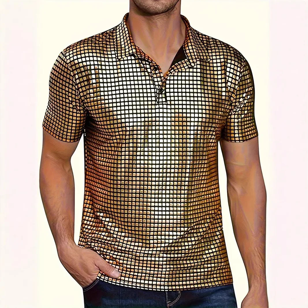 Men's Disco Shirt Shiny Sequins Short Sleeve Party Polo Shirt Trendy Nightclub