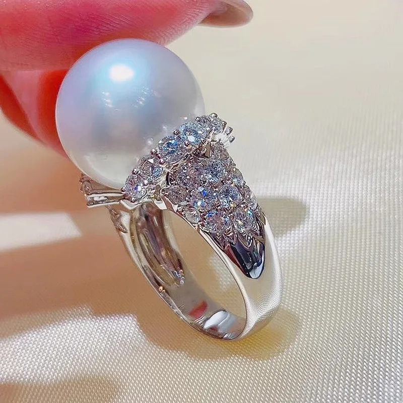 Modne białe duże perłowe pierścionki z cyrkoniami dla kobiet Wspaniałe zaręczynowe obrączki ślubne 925 Sterling Silver Akcesoria Biżuteria — zdjęcie 5