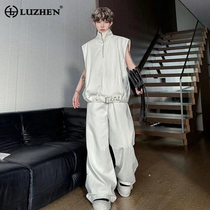 LUZHEN 2026 Summer High Quality Sleeveless Stand Neck Vest Tops Men Stylish Solid Color Loose Casual Pants Two-piece Sets JY6313