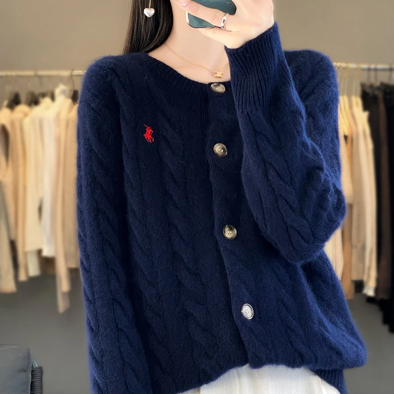 2024 New Women\'s Classic Knitted Pure Cashmere Cardigan Fashion Loose Sweater O-Neck Long Sleeve Twisted flower style Warm tops