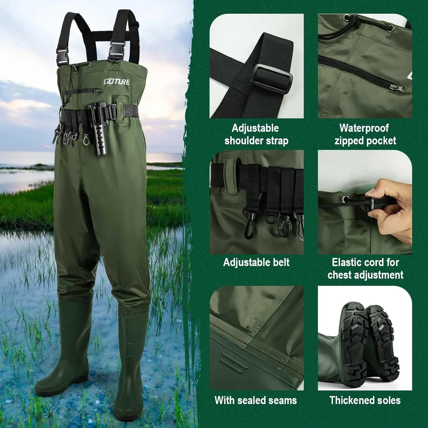 Goture - Vadeadores de Pesca de Nylon y PVC de 2 Capas con Botas, Impermeables, para Hombre y Mujer, Juego Completo con Bolsa para Teléfono y Kit de Reparación