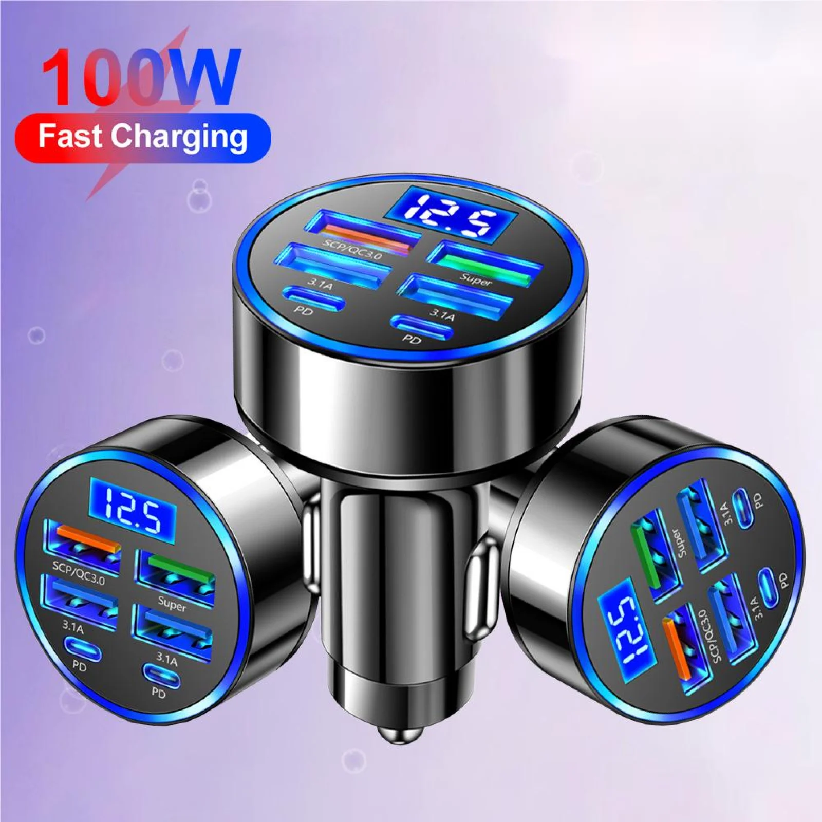 100W 6 Ports USB Car Charger PD QC3.0 Fast Charging Car Lighter Adapter Phone Charger For iPhone Samsung Huawei Xiaomi