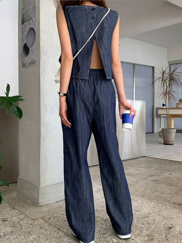 Summer Two 2-częściowe zestawy Denim Halter Tank Vest LadiesTops Women Loose Casual Chic Slim Jeanswear Straight Mujer Pants Suits