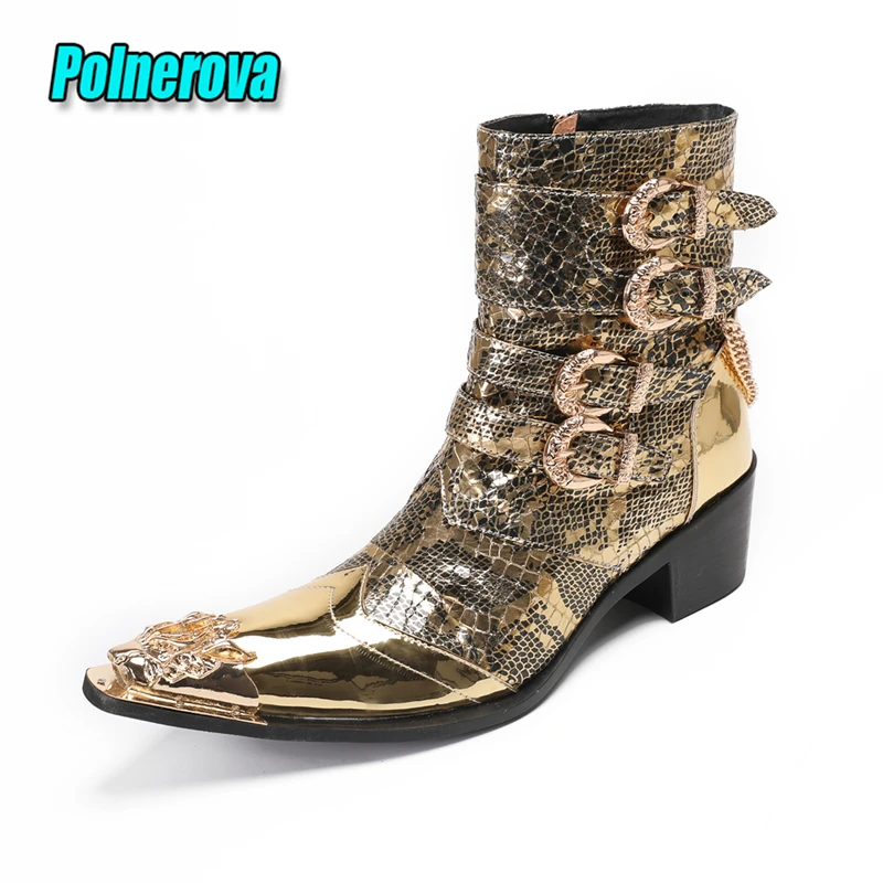 

Luxury Gold Patent Leather Men's Boots Metal Pointed Toe Belt Buckle Chelsea Boots Fashion Zipper High Heel Party Dress Shoes