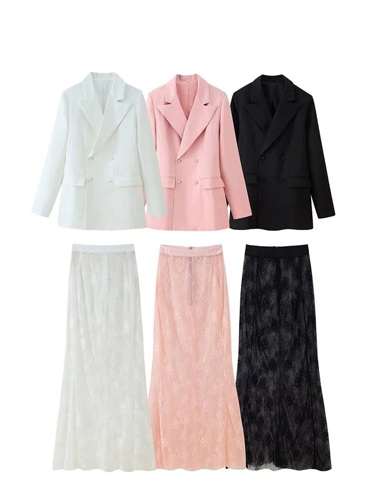 HH Women Fashion Lapel Double-Breasted Waist-closing Design Blazer Coat+Translucent Rear Zipper A-line High Waist Skirt Set