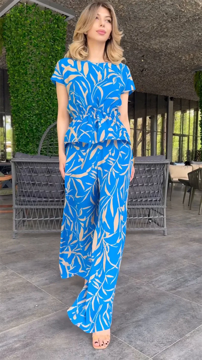 O Neck Print Tops Women Two Pieces Pant Sets Wide Leg Pants Loose Fit Ankle Length Pockets Casual Printing 2024 Spliced