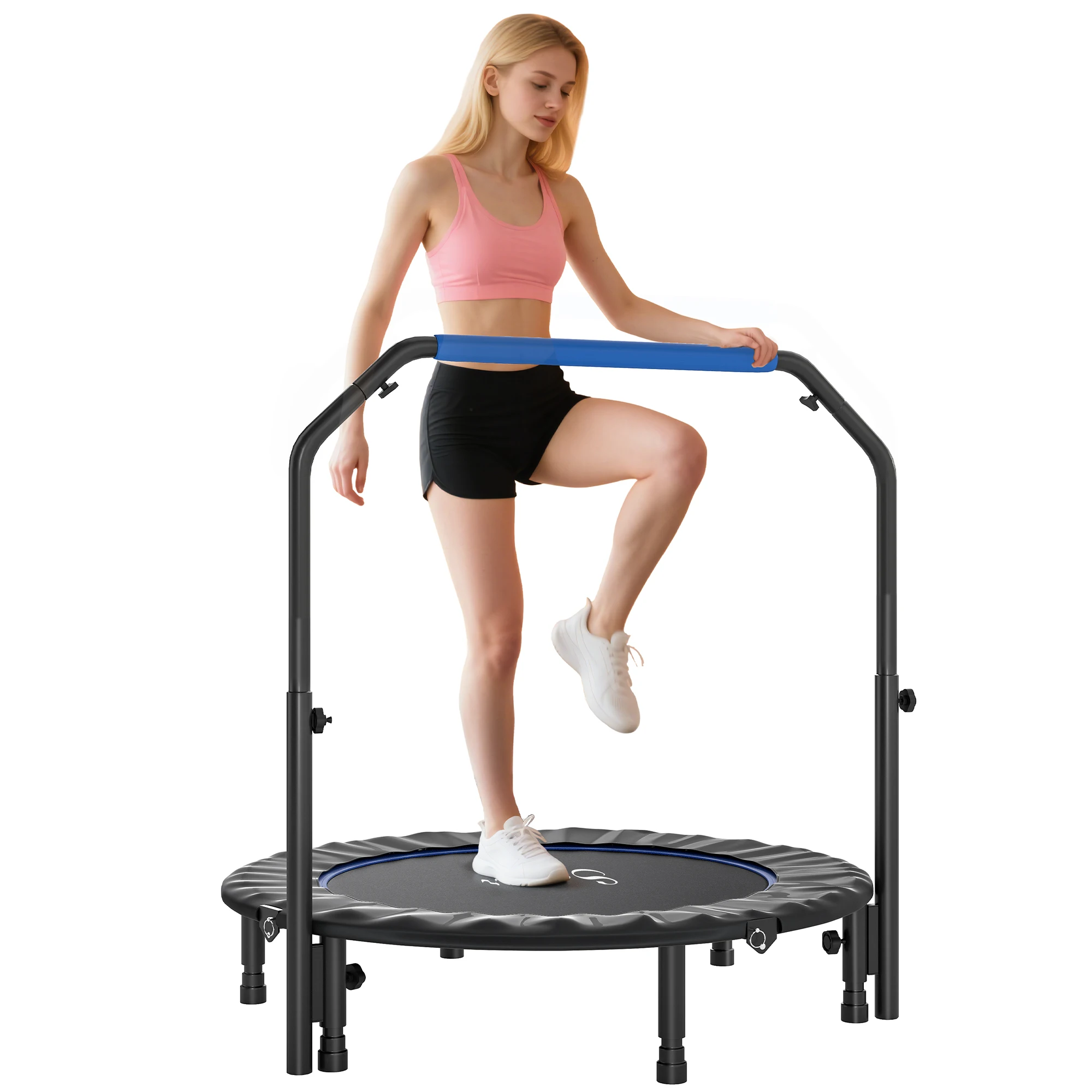 HOMCOM Trampolín de Fitness Adultos Ø114 cm, Cama Elástica Plegable con Mango Ajustable de 4 Niveles, Marco de Acero, para Entre