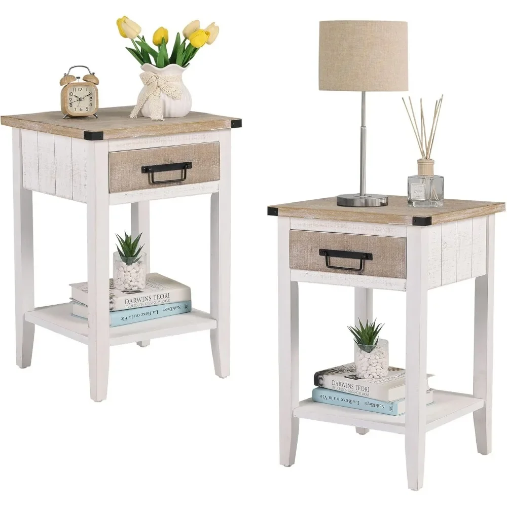 

Farmhouse Bedside Table Set of 2, Rustic Nightstand with Drawers and Open Shelf, Side Table End Tables for Bedroom/Living Room