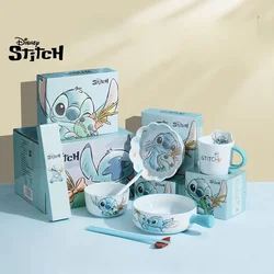 Disney Stitch Tableware Sets High Value Household Cartoon Ceramic Rice Bowl Spoon Chopsticks Meal Bowl Cute Gift for Children