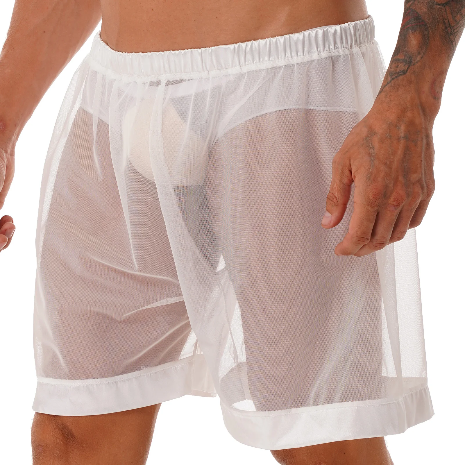 رجل عارضة الملاكم السراويل انظر من خلال شبكة فضفاضة الملابس الداخلية أوم مثير السراويل الملابس الداخلية السراويل القصيرة ملابس نوم