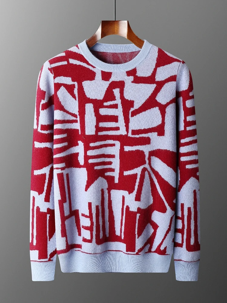 خريف شتاء جديد 100% الكشمير الرجال سترة موضة محبوك الجاكار البلوز القمم اللون منعت الجولة الرقبة سميكة ملابس رجالي