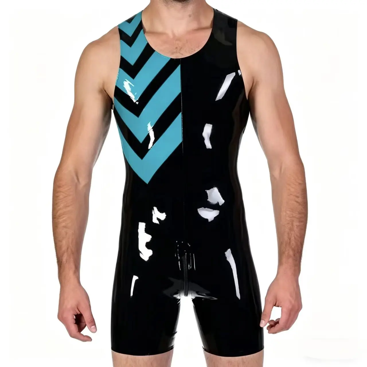 

Handmade Sexy Latex Rubber Catsuit Uniform 0.4mm Fitness Swimsuit Short Pants Jumpsuit for Men Women with Crotch Zipper Cosplay