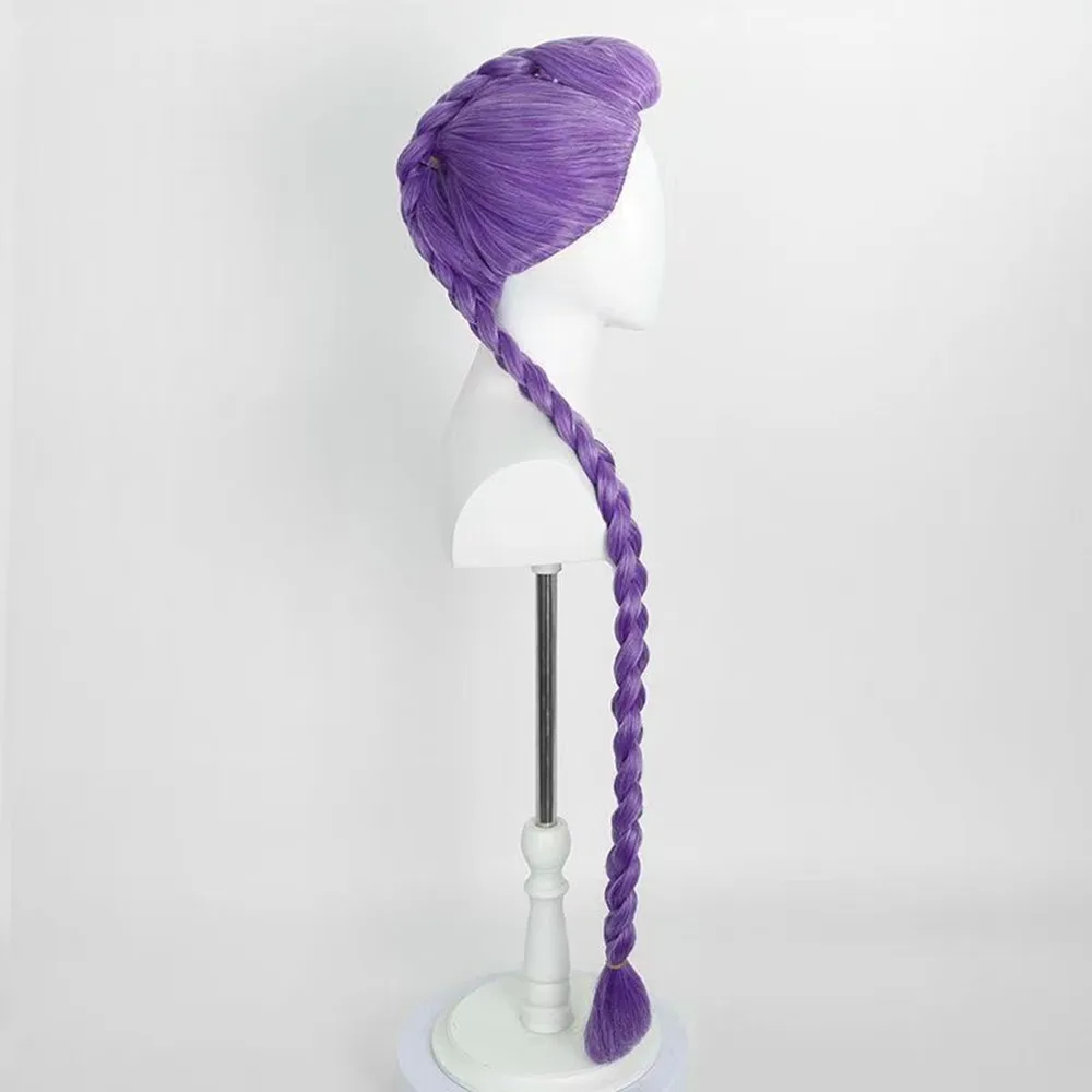 데몬 헌터 루미 코스프레 가발 42인치 현실적인 두피 보라색 큰 땋은 머리 여성용 포니테일이 있는 내열성 섬유