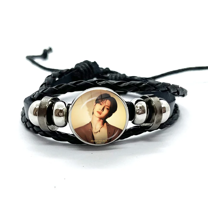 KPOP ATEEZ GOLDEN HOUR Black Leather Bracelets Glass Dome Multilayer Braided Bangles Jewelry Gifts