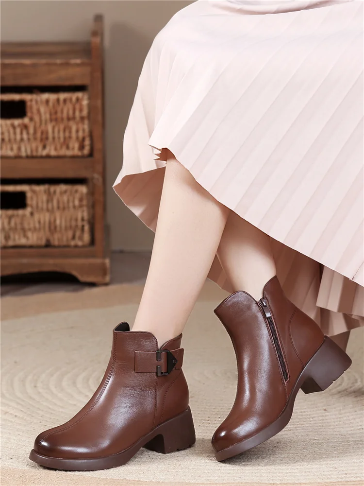 

Женские зимние ботинки из натуральной кожи, теплые, на хлопковой подкладке, с коротким голенищем, на среднем каблуке, мягкие, модные