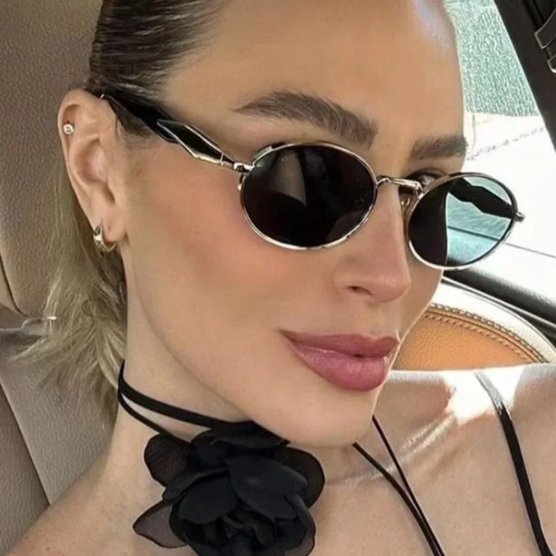 2024 New European American Sunglasses UV400 Elliptical Metal Sun Glasses Woman Fashion Vintage High-end Sunglass Luxury Gafas