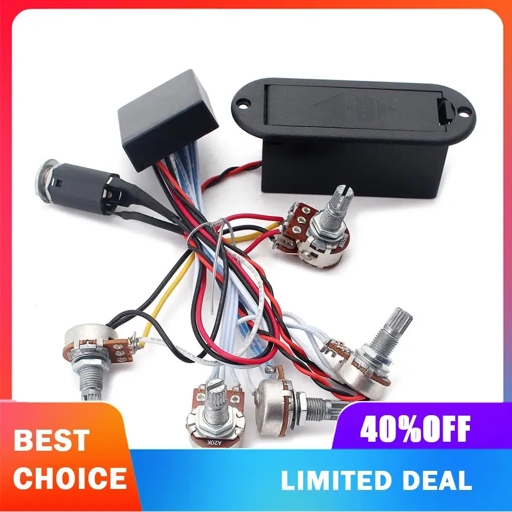Active Preamp Equalizer Wiring Harness Kit with Battery Case Bass Treble Tone Control System for Pickup Musical Instrument