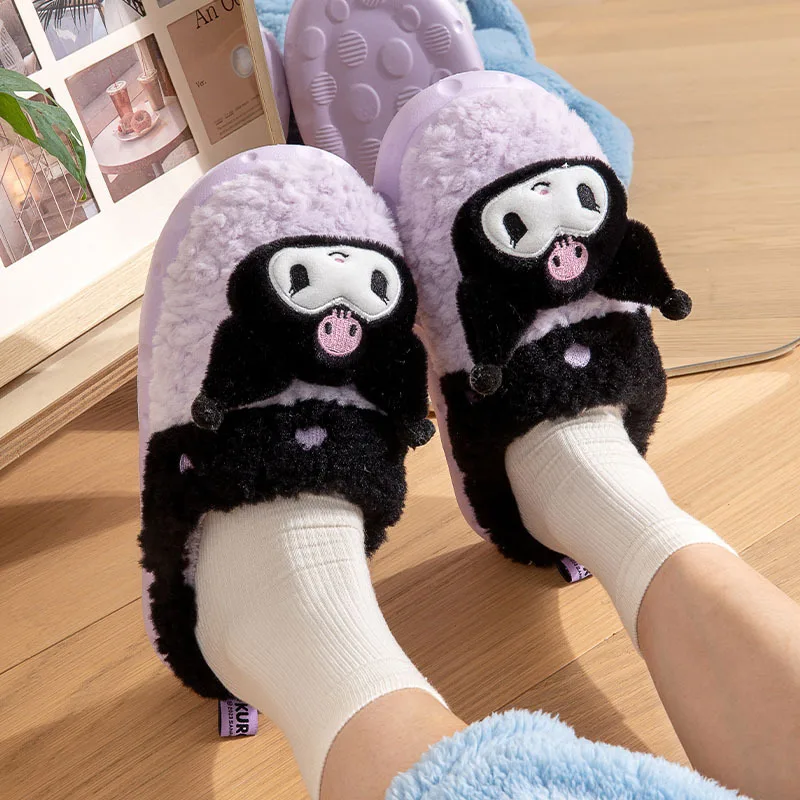 Kawaii Sanrio Hello Kitty Winter Plush Non Slip Slippers Anime Cute Kuromi Cinnamoroll Yk2 Women Home Fuzzy Slipper Flat Shoes