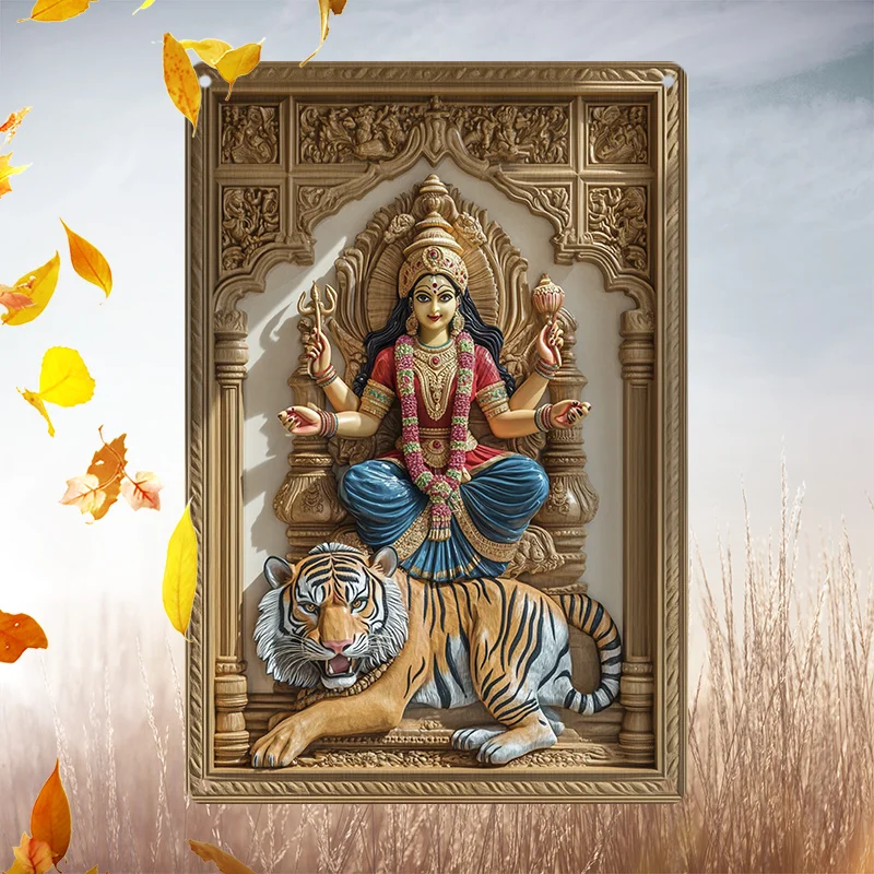 

Hindu - Inspired Aluminum Sign: Exquisite Depiction of Goddess Durga on Tiger, Great for Spiritual and Artistic Home Decor
