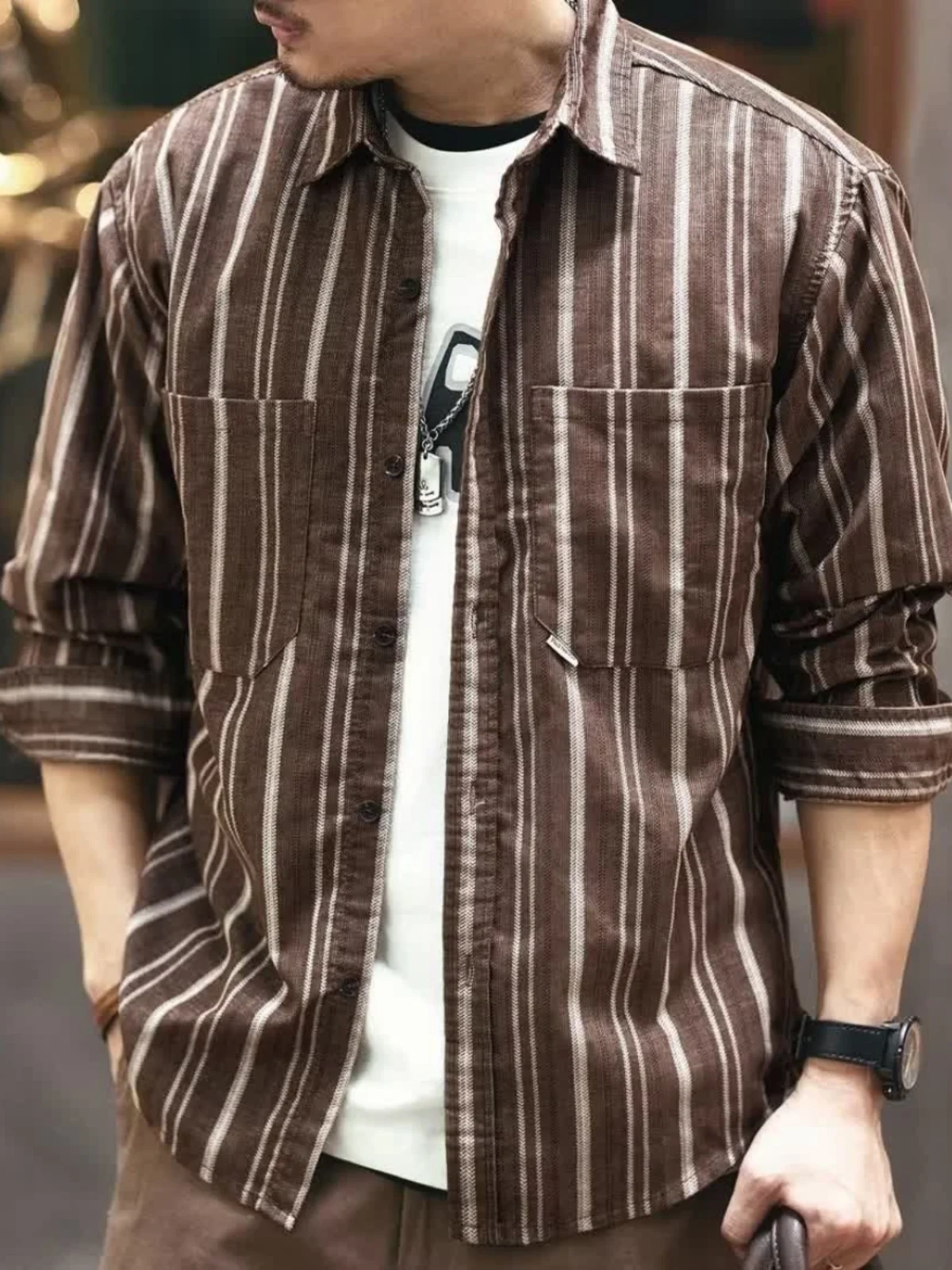 

Long Sve Cotton irt Мужская рабочая одежда в японском стиле в полоску в стиле ретро, весенне-осенняя молодежная повседневная одежда из чистого хлопка