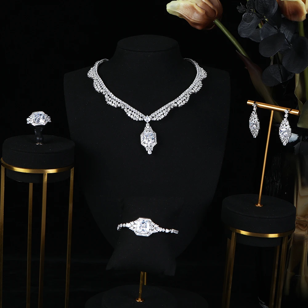 

Набор ювелирных украшений из серебра с шестиугольными кристаллами и кружевным узором для роскошных торжеств, модный женский ослепительный подарок на годовщину