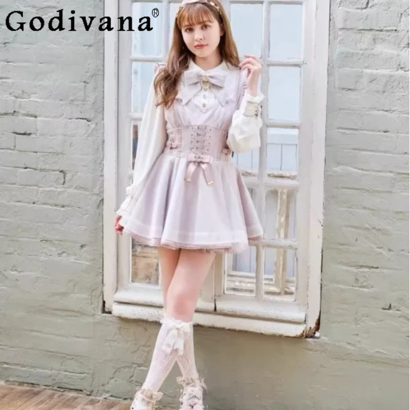 

Large Size Japanese Sweet Lace Heart Shape Ruffles Gauze Maid Dress Sets Girl High Waist A-line Versatile Age Reduction Dresses