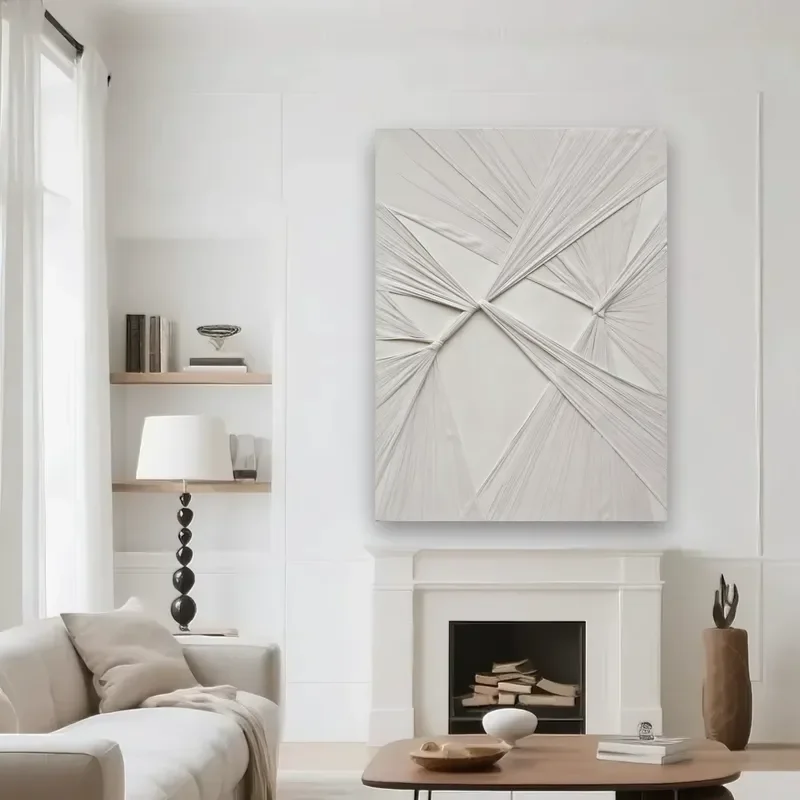 Minimalist White Textured Abstract Wall Art 3D Geometric Line Decorative Wall Art Painting Home Decoration