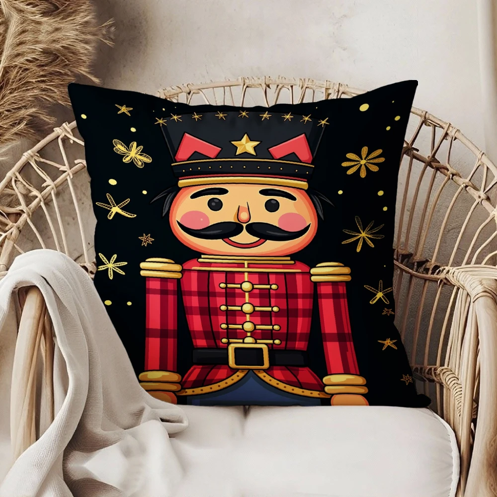 Square Throw Pillow Case Black Nutcracker Soldier With Gold Stars Print For Christmas Home Sofa Bedroom Decor