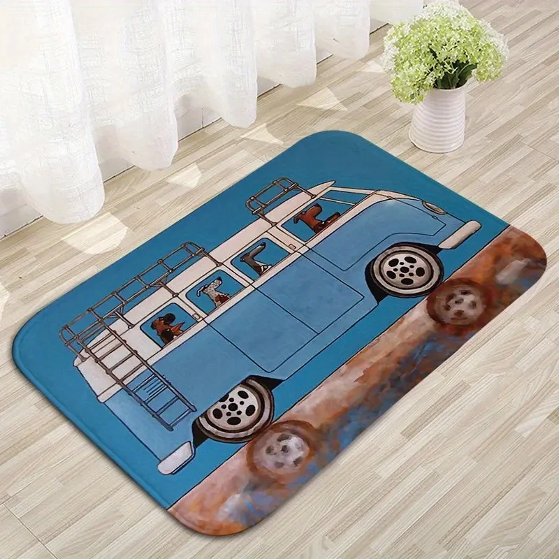 2D Flat Retro Van Surfboard Flannel Door Mat Non Slip Vintage Travel Themed Entryway Rug for Garage Kitchen Home Decor