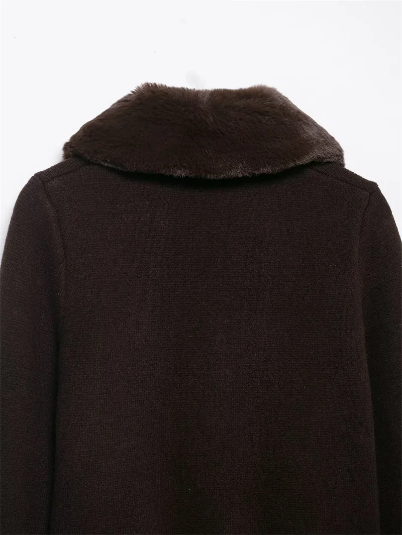 Women's Jacket 2025 Autumn New Style Dark Brown Long-Sleeve Faux Fur Collar Knit Cardigan Jacket Stylish and Elegant