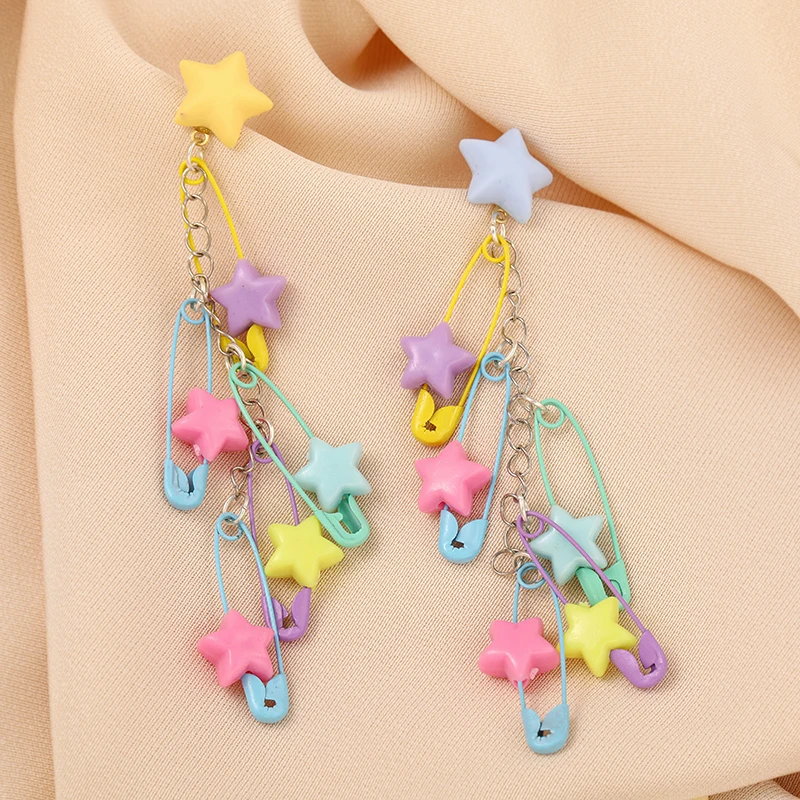 Harajuku Style Acrylic Five-Pointed  Beaded Earrings Japanese Color Temperament Candy Color Pentagrams Earrings for Women