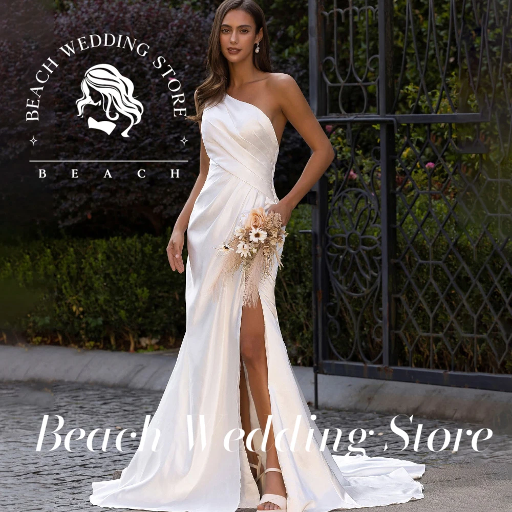 

Beach Customized Spaghetti Straps Open Back Satin Mermaid Wedding Dress Long Train Bridal Gown Beach Customized One Shoulder