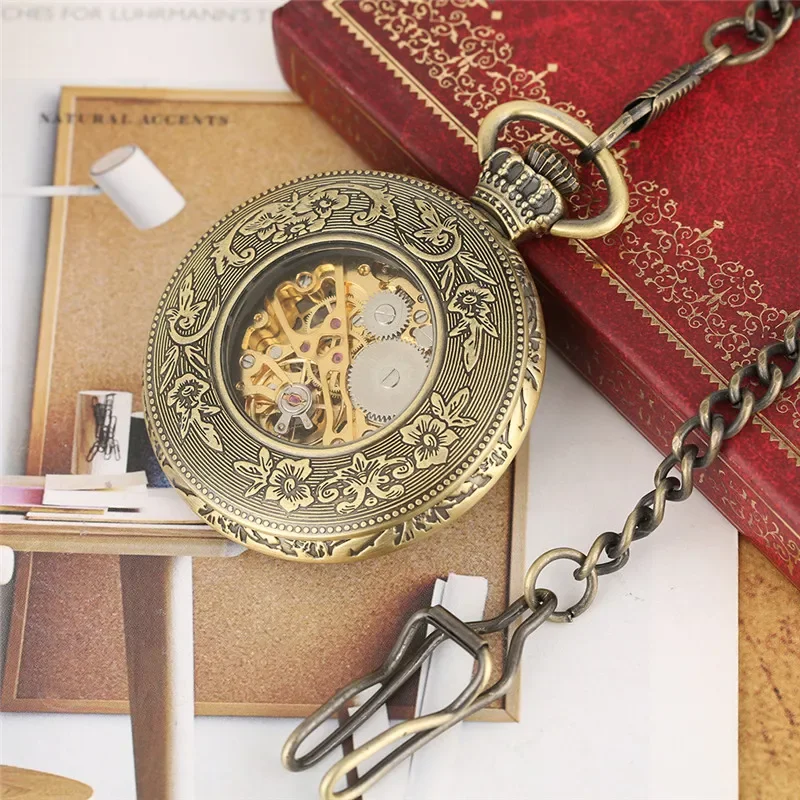 Vintage Roman Numerals Display Men Women Skeleton Mechanical Hand-Winding Pocket Watch Open Face Pendant FOB Clock Chain