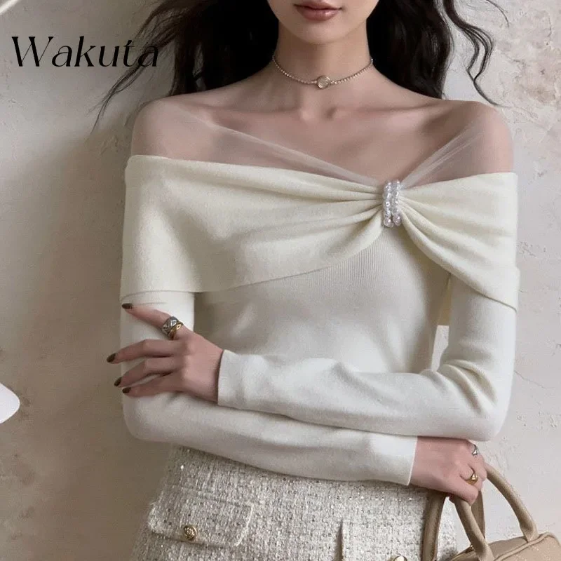 WAKUTA French Splicing Slash Neck Mesh Base Knitted Pullovers 2024 Autumn and Winter New Long Sleeved Pearl High-end Sweater