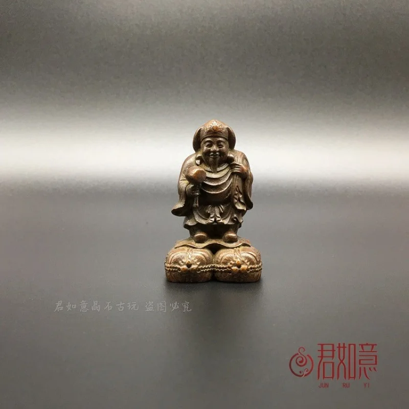 

Copper Japanese Style Backflow Copper God of Wealth Statue Miniature Copper Tea Pet Buddha Statue with Bag for River Crossing an