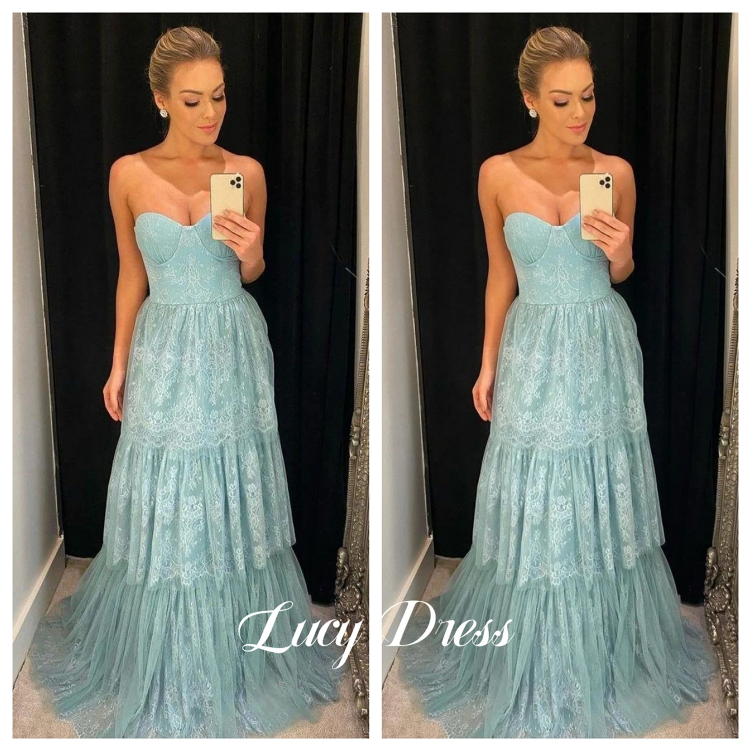 

Lucy Bridesmaid Elegant Evening Dresses for Women Luxury Evening Dress 2024 Layered Strapless Lace Ball Gown Sky Blue Graduate