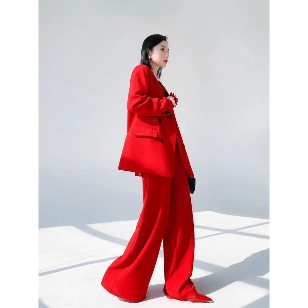 TWOTWINSTYLE, conjunto liso de dos piezas para mujer, cuello de solapa, manga larga, cintura alta, temperamento, conjuntos de pantalones sueltos para mujer, nuevo